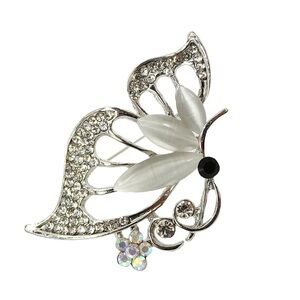 Crystal Butterfly Pin Brooch with White Cat eye Stone and Crystal Flower - NEW